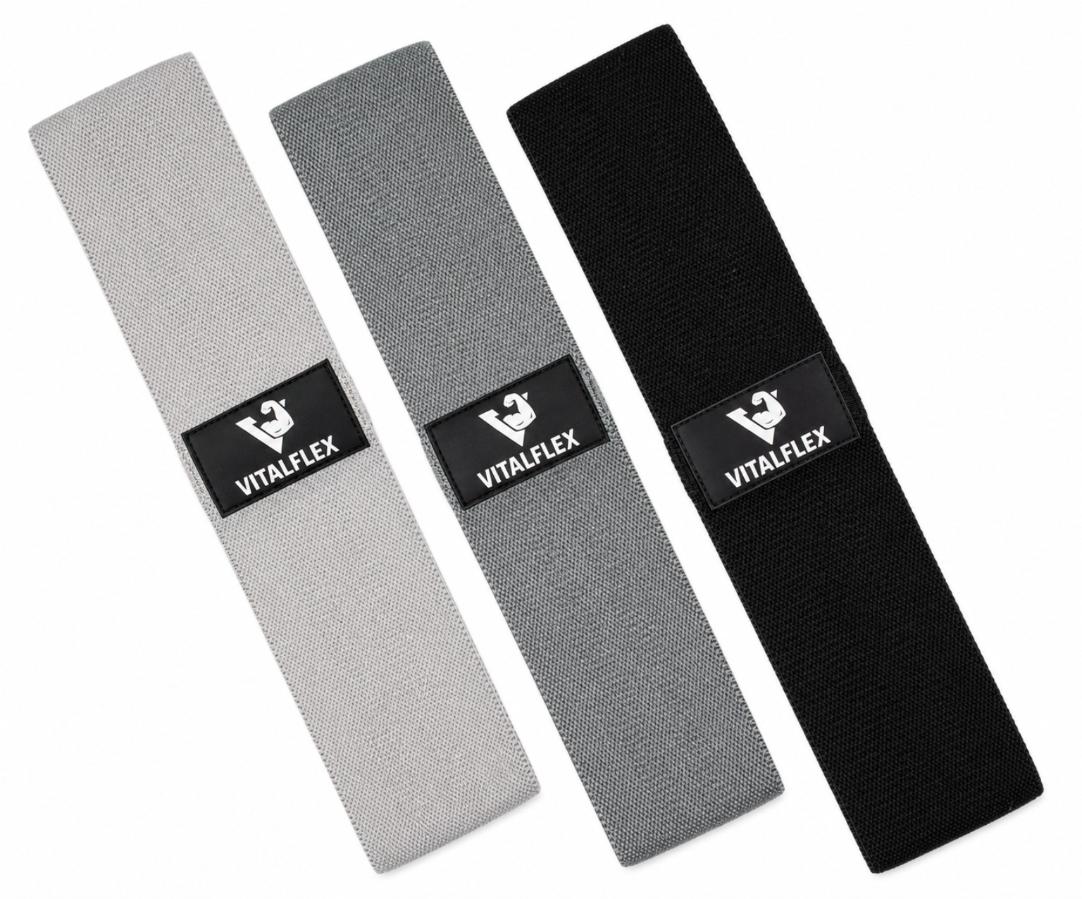 Three VITALFLEX resistance bands displayed diagonally